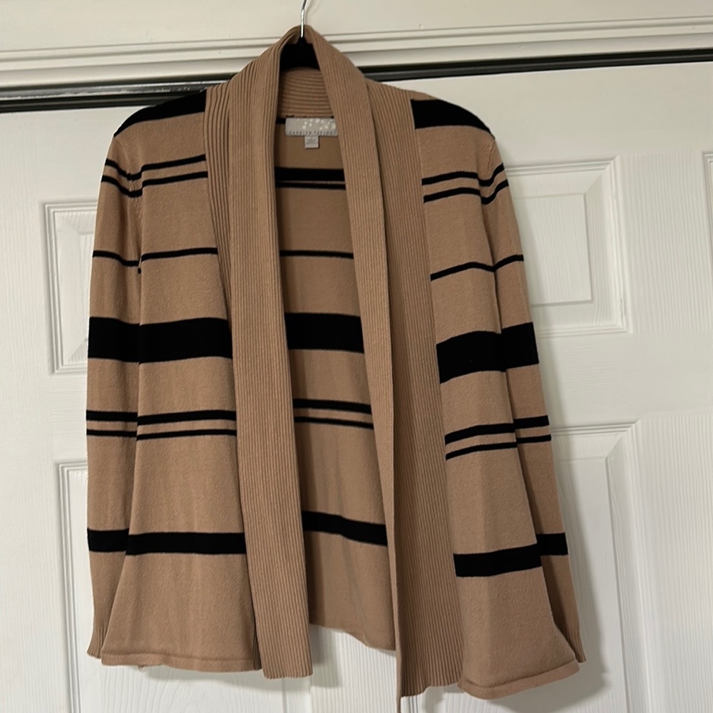 Tan Carolyn Taylor sweater with black stripes